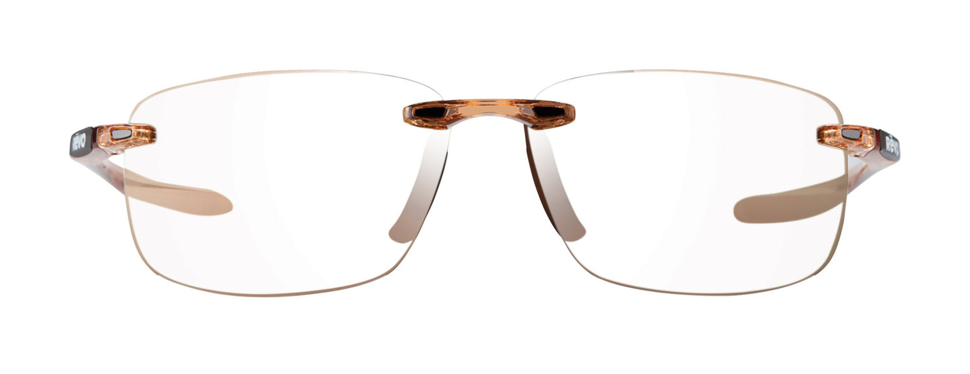 Rimless prescription sunglasses with clear pink frame